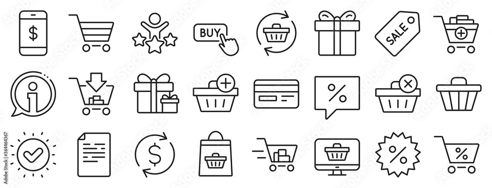 Gift box, Present coupon and Sale offer tag signs. Shopping line icons. Shopping cart, surprise gift and Delivery symbols. Speech bubble, Discount tag coupon , Credit card. Online sale. Vector