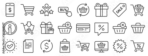 Gift box, Present coupon and Sale offer tag signs. Shopping line icons. Shopping cart, surprise gift and Delivery symbols. Speech bubble, Discount tag coupon , Credit card. Online sale. Vector