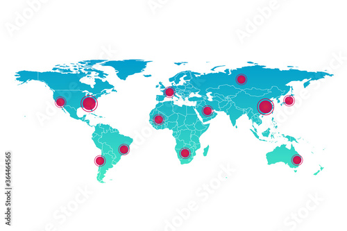 Vector world map infographic symbol with pointers. International illustration sign. Blue red global element for business, presentation, sample, web design, media, news, blog, report photo