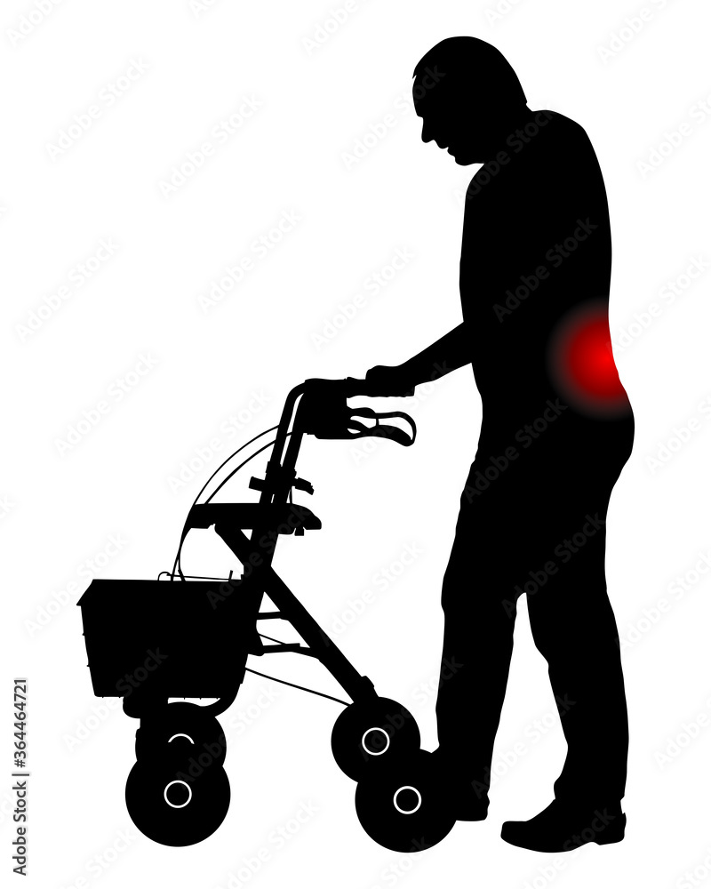 Mann mit Rückenschmerzen und Rollator Mann mit Rückenschmerzen und Rollator