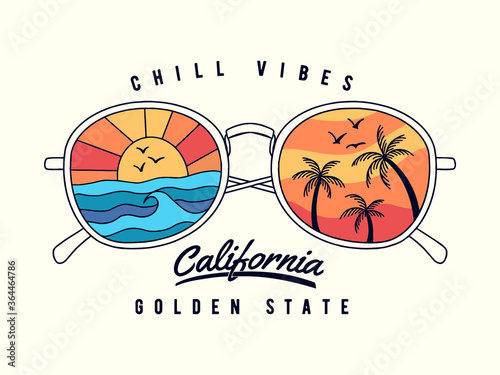 Vector sun glasses with tropical beach reflection illustration, for t-shirt print and other uses