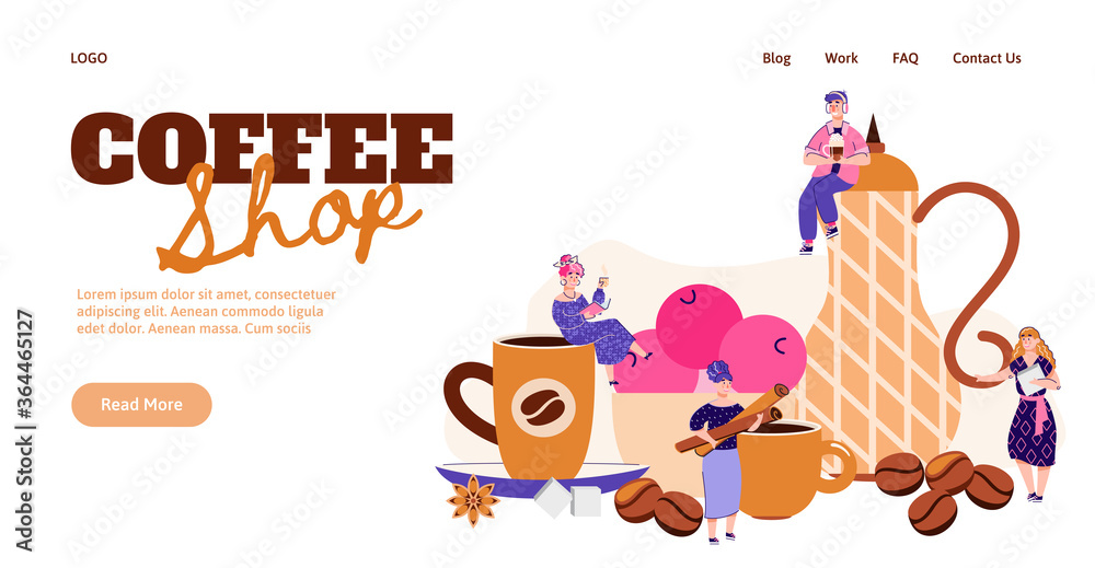 Website interface mockup for coffee shop with crockery for coffee drinking, flat vector illustration. Landing page template for restaurant or store, cafe.