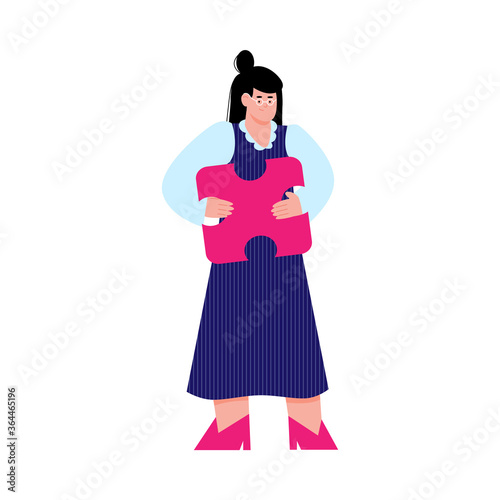A business woman holds a piece of the puzzle. The concept of solving a business problem. Flat vector illustration isolated on a white background.
