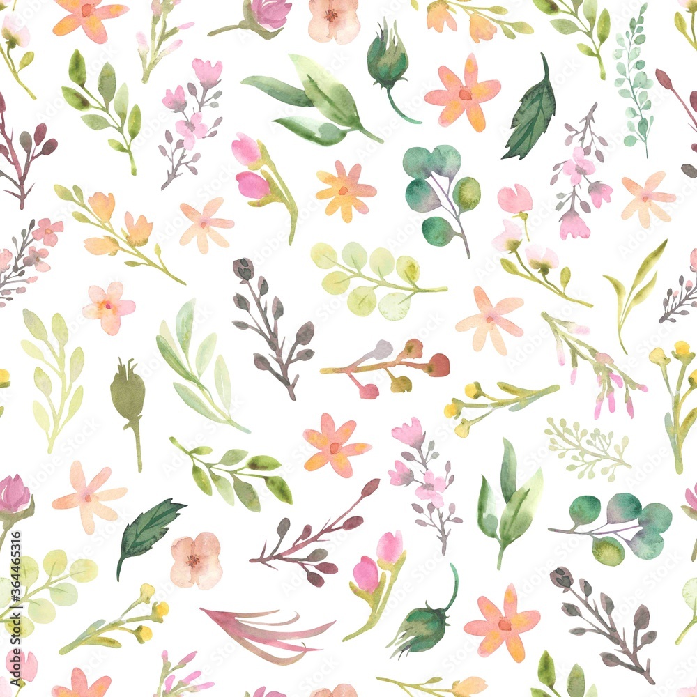 Watercolor floral pattern with different leaves and flowers. Floral ...