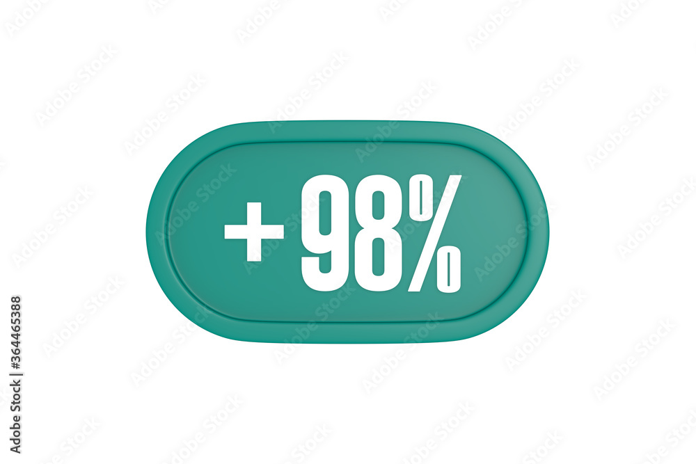 98 Percent increase 3d sign in teal color isolated on white background, 3d illustration.