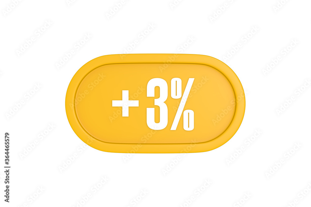 3 Percent increase 3d sign in yellow isolated on white background, 3d illustration.