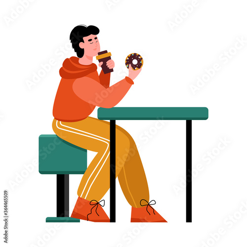 A young man is sitting at a table and eating fast food. Vector illustration of a cartoon isolated on a white background.