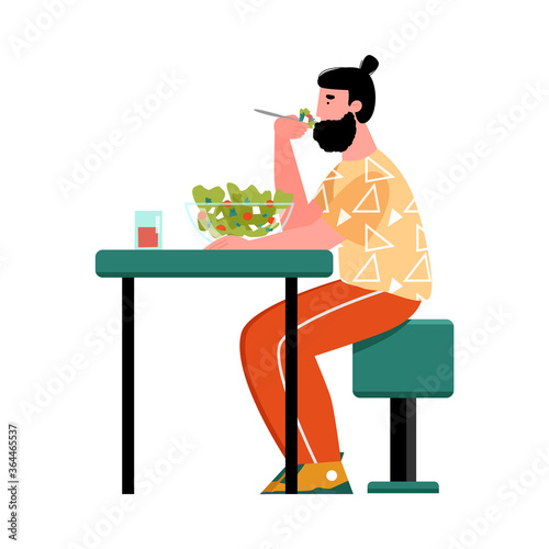 A young man is sitting at a table and eating a vegetable salad. The concept of healthy eating. Vector cartoon illustration isolated on a white background.