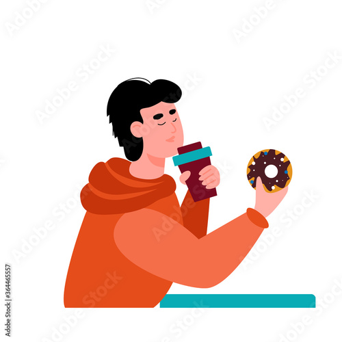 Man cartoon character holds a mug of tea or coffee and in the second hand a donut, flat vector illustration isolated on white background. Man having a coffee break.