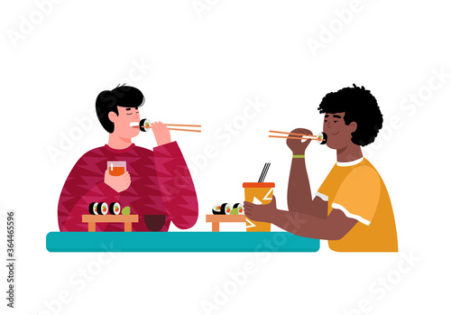 Two friends man cartoon characters eating sushi in japanese restaurant, vector illustration isolated on white background. Japanese cuisine cafe or takeaway service.
