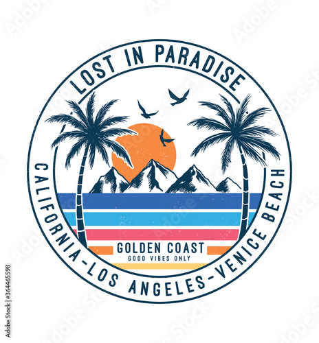 California, Los Angeles Venice beach theme vector illustration with Palm trees, birds and the mountain illustrations, for t-shirt print and other uses.