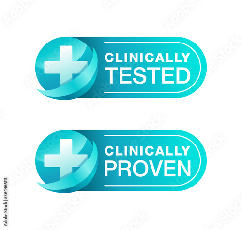 Clinically proven and clinically tested horizontal stamp for laboratory tested products - vector emblem with medical cross in 2 variations photo