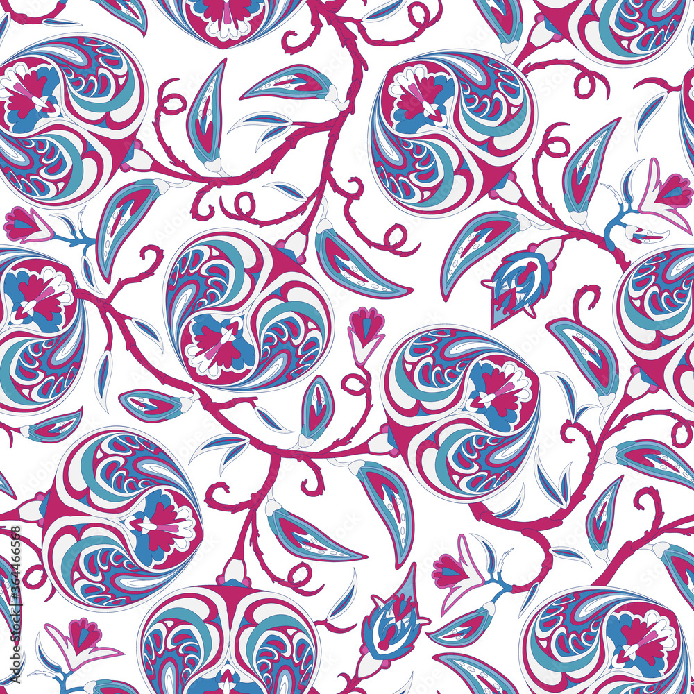 Seamless vintage vector pattern with baroque flowers. Floral traditional background with stylized decorative branches colored blue and pink