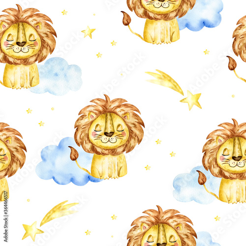 seamless pattern with a lion. Watercolor cartoon lion savanna animal illustration.