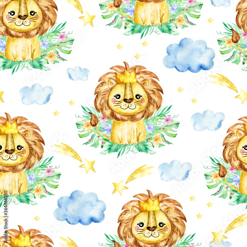seamless tropical pattern with a lion. Watercolor cartoon lion savanna animal illustration. Jungle savannah tropical exotic summer print.