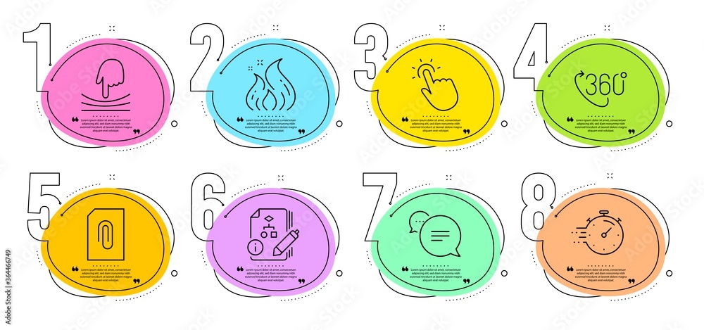 Elastic, 360 degree and Algorithm signs. Timeline steps infographic. Text message, Attachment and Timer line icons set. Fire energy, Touchpoint symbols. Chat bubble, Attach document. Vector Elastic, 360 degree and Algorithm signs. Timeline steps infographic. Text message, Attachment and Timer line icons set. Fire energy, Touchpoint symbols. Chat bubble, Attach document. Vector