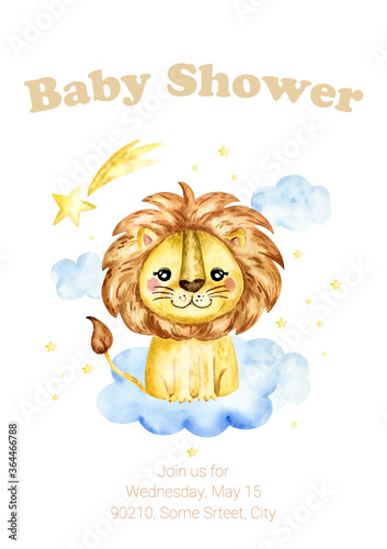 A Baby Shower card with a lion. Watercolor cartoon lion savanna animal illustration. Jungle savannah tropical exotic summer print.