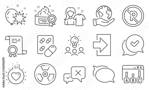 Set of Business icons, such as Approved, Balloon dart. Diploma, ideas, save planet. Talk bubble, Login, Survey results. Love, Chemical hazard, Clean shirt. No parking, Cream, Reject. Vector