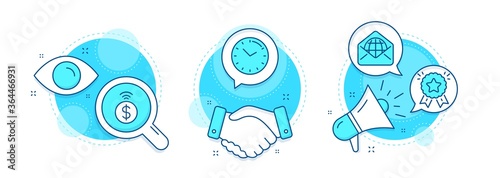 Ranking star, Contactless payment and Time line icons set. Handshake deal, research and promotion complex icons. Web mail sign. Winner medal, Financial payment, Clock. World communication. Vector