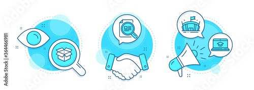 Arena, Open box and Check article line icons set. Handshake deal, research and promotion complex icons. Website education sign. Sport stadium, Delivery package, Magnifying glass. Vector