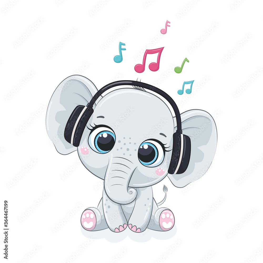 Fototapeta premium Cute cartoon elephant boy with headphones listen to music