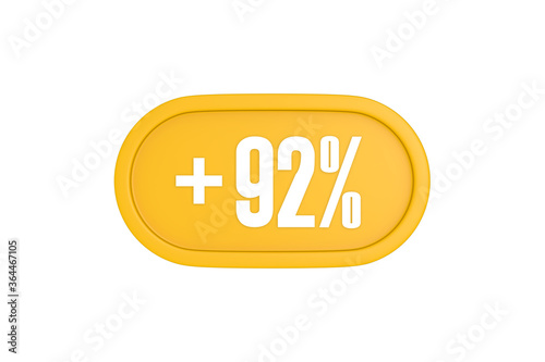 92 Percent increase 3d sign in yellow isolated on white background, 3d illustration.