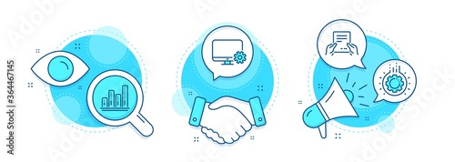 Monitor settings, Gear and Receive file line icons set. Handshake deal, research and promotion complex icons. Graph chart sign. Service cogwheel, Work process, Hold document. Growth report. Vector