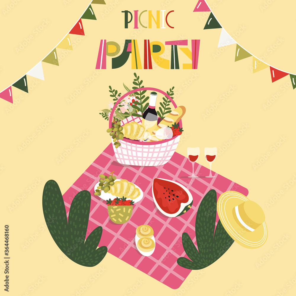Picnic Party template for poster, card. Wicker Basket with bottle of ...