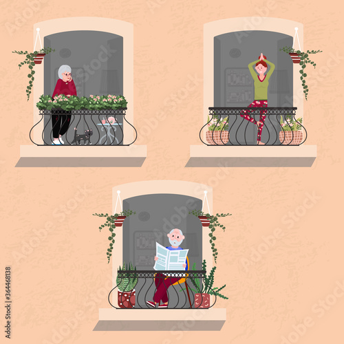 Set of people is spending time in balcony. Senior man is reading newspaper in armchair. Old woman is standing with cat in terrace. Young Lady practice yoga. Beautiful balcony with flowers and plants.