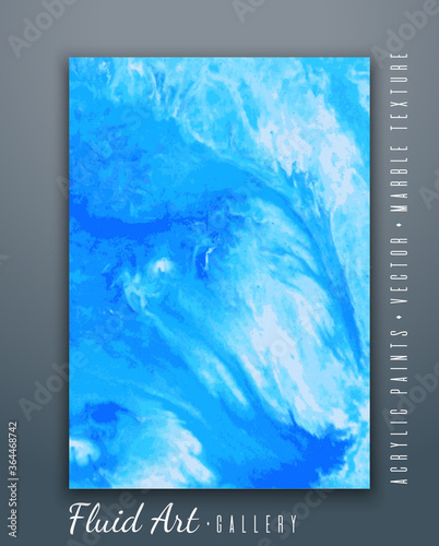 Vector. Fluid art. Liquid marble texture. Blue wave effect. Art brush strokes with acrylic paints. Trendy modern background. Abstract painting. Template for posters, book covers.