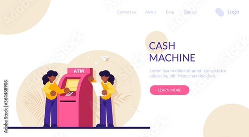 Concept of automated teller machine. Woman use ATM. Financial transaction, banking services, cash withdrawal, bank deposit access. Modern flat illustration.