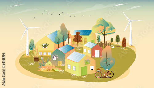 Vector of Green energy and eco friendly in small town with Solar house and windmill power, Urban landscape in village with happy pet relaxing and flowers blooming in the garden