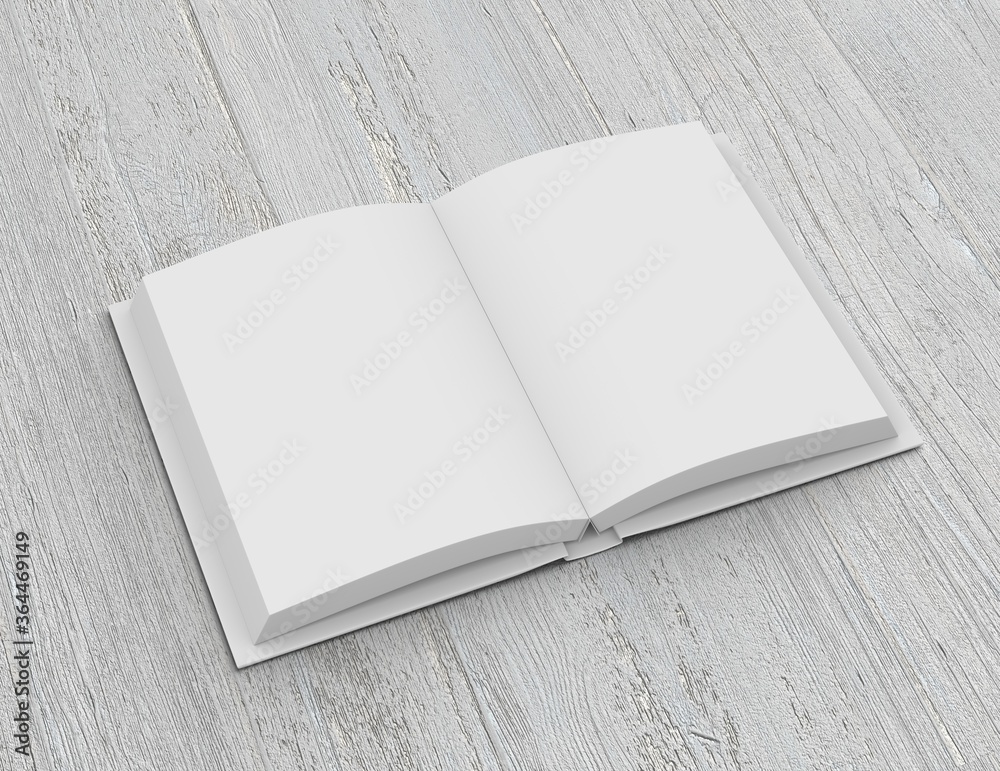 Fototapeta premium Hard-cover open book on white background. Template of a white blank book. 3D rendering. 