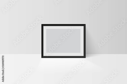 Realistic tree-dimension empty blank black simple frame mockup isolated on light background. Vector horizontal picture or photo border. Gallery, home design interior template.