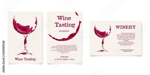 Set of Wine testing and Winery card in shape of wineglass, bottle stain