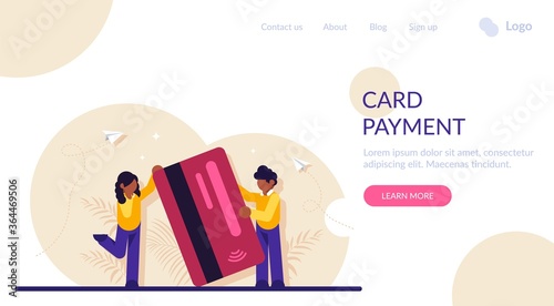 Concept of service for secure electronic or wireless payment. Man and woman holding plastic debit or credit card. Digital transaction, money transfer. Modern flat illustration.