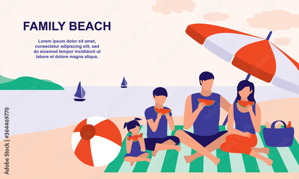 Family Spending Summer Vacation At The Beach. Family Outdoor Activities Concept. Vector Flat Cartoon Illustration.