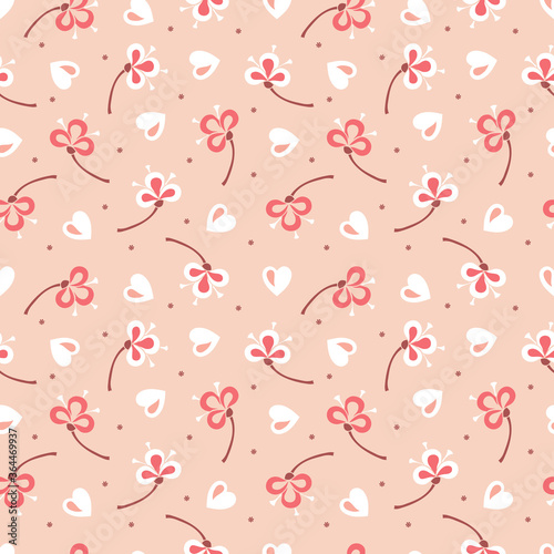 Seamless pattern with flowers and hearts. Pink Valentines background. Happy Valentine's Day.
