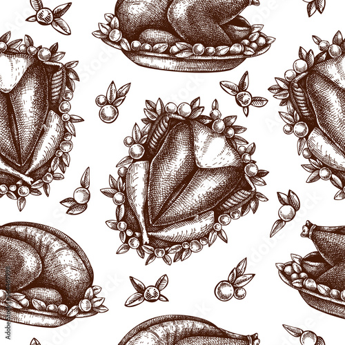 Thanksgiving day Turkey seamless pattern. Roasted turkey with vegetables, rolled meat sketches. Traditional American meat dishes for Thanksgiving day dinner background. 