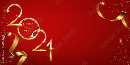 Happy new year greeting card vector template. Festive christmas social media banner design with congratulations. Golden 2021 number in frame with confetti realistic illustration with typography.