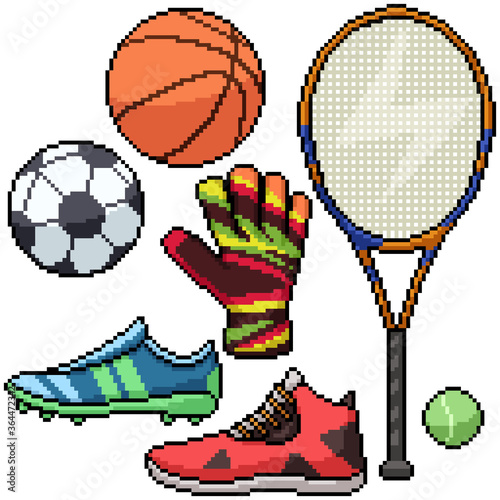 pixel art set isolated football basketball tennis