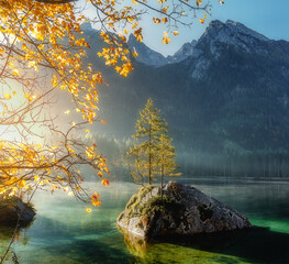 Awesome Sunny nature landscape. Impressively beautiful Hintersee lake at sunrise. best popular location for photographer in Bavarian Alps. view of German Alps, Bavarya, Europe