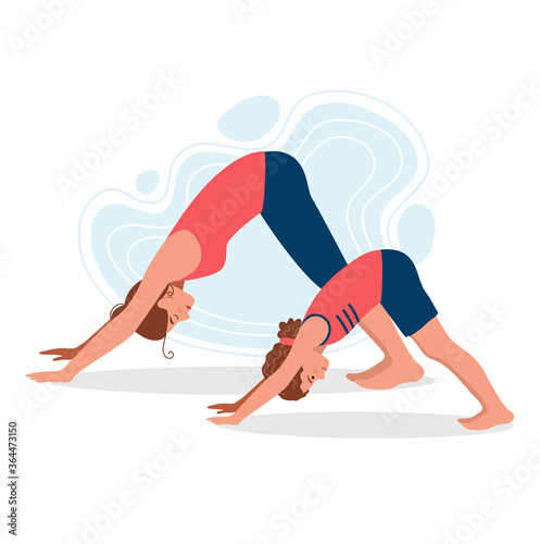 Mother and daughter practicing yoga together. Yoga with mom. Concept illustration for yoga, meditation, relax and healthy lifestyle. Vector illustration in flat cartoon style.