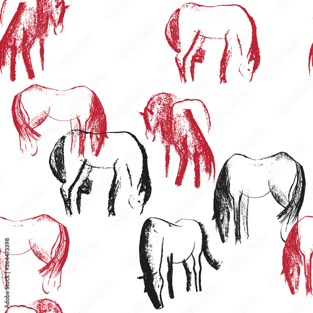 Seamless hand drawn pattern with horses.