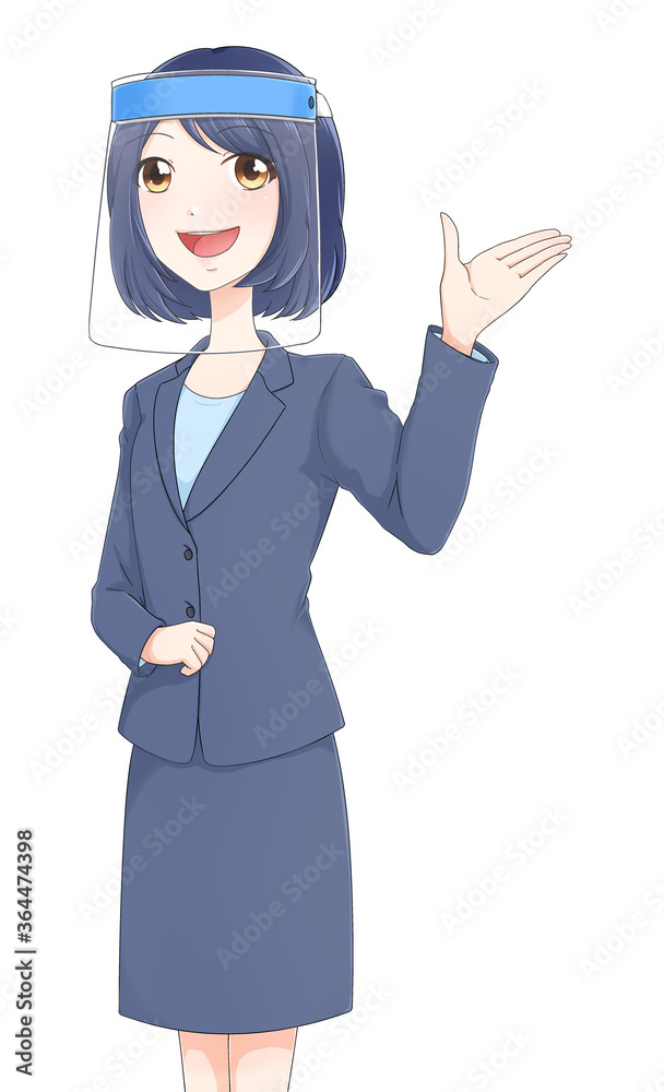 フェイスシールドをつけた案内をするスーツの女性 フェイスシールドをつけた案内をするスーツの女性