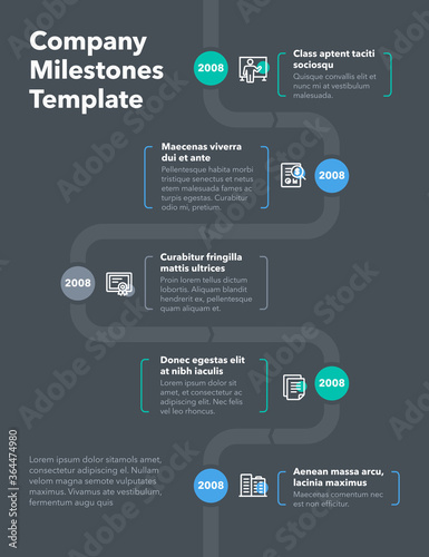 Modern company milestones timeline template - dark version. Easy to use for your website or presentation.	