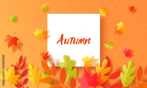 Autumn banner in paper cut style. Square sheet of white paper and paper leaves. Fall leaf cut out of cardboard green yellow and orange colors. Vector card illustration for Thanksgiving day.