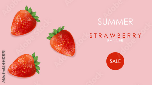 Summer sale banner with strawberry fruits and rose background