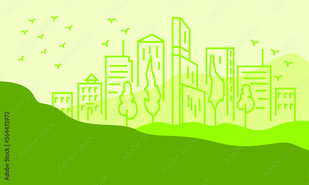 hand-drawing vector eco-city. clean city. eco houses. hand-drawing vector eco-city. eco house green background. 
