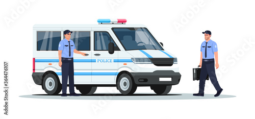 Police truck with guards semi flat RGB color vector illustration. Armored vehicle for enforcement. Van for emergency patrol. Police man isolated cartoon character on white background